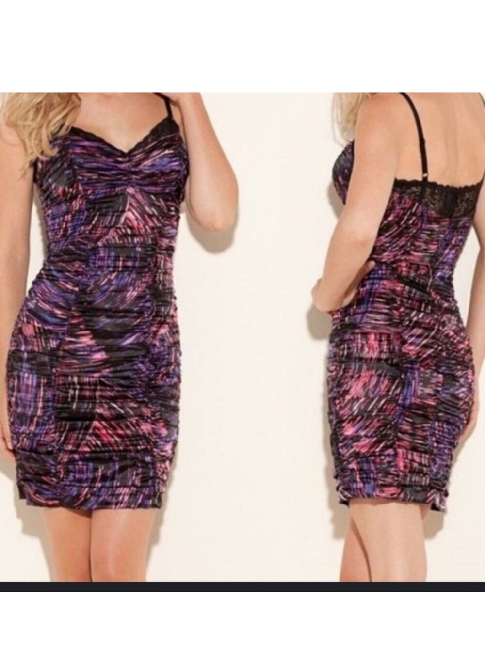 GUESS Ruched Bodycon Dress | Women’s Size 10 | Black with Pink & Purple